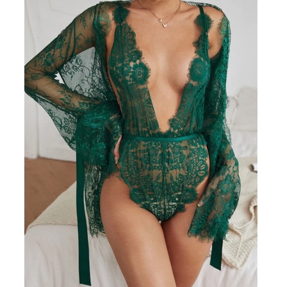 Tops - Embroidered mesh lace up bodysuit with robe